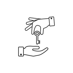 Hand giving a key to other hand. Vector outline illustration