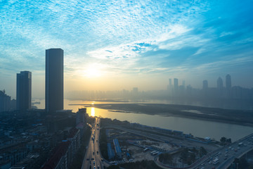 elevated view of Nanpu overpass with city skyline in the morning,shanghai,china.