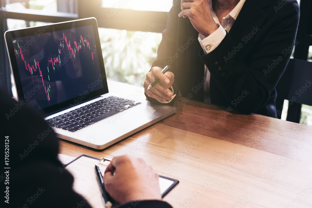 Poster business team investment working with computer and analysis graph stock market trading with stock ch