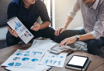 Co working conference, Business team meeting present, investor colleagues discussing new plan financial graph data on office table with laptop and digital tablet, Finance, accounting, investment