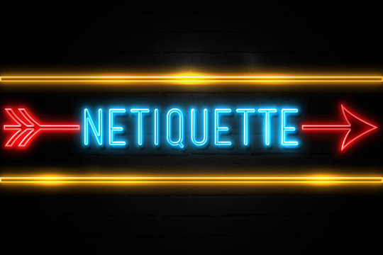Netiquette  - fluorescent Neon Sign on brickwall Front view