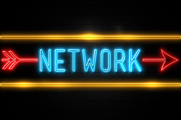 Network  - fluorescent Neon Sign on brickwall Front view