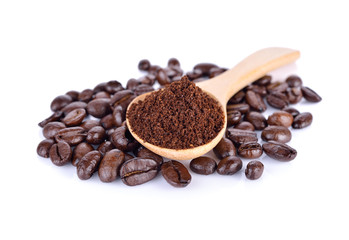 ground coffee and roasted coffee beans arabica strong blend on white background