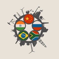 Fototapeta premium BRICS - association of five major emerging national economies members flags in gears icons. Trade union. Industry icons located around circle. Brochure or web banner design.