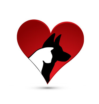 Cat and Dog silhouette inside love heart, icon vector