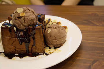 chocolate Toast. Bread buttered toast. Topped with chocolate, bananace ,cream and whipped creamream, ice cream. High-calorie food. Dessert girls love.