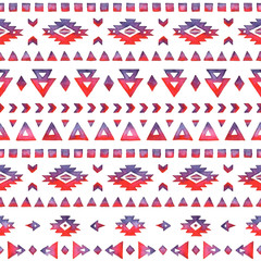 Seamless Hand Drawn Watercolor Ethnic Tribal Pattern. Aztec elements of blue red watercolor on white background.