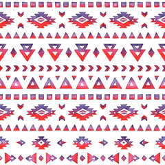 Fototapeta premium Seamless Hand Drawn Watercolor Ethnic Tribal Pattern. Aztec elements of blue red watercolor on white background.