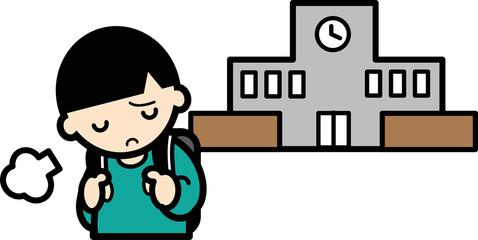 学校を背にしてため息をつく少年