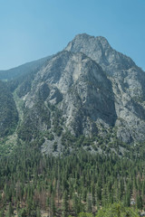 Tall mountain with crevices and a pine forest below, from the Copper Creek hiking trail, in Kings Canyon National Park