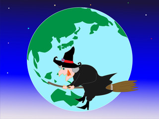 Obraz premium ハロウィーンの日に世界一周をする魔女