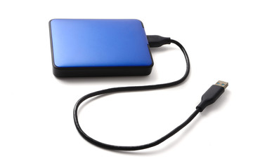 External hard disk drive with cable on a white background.