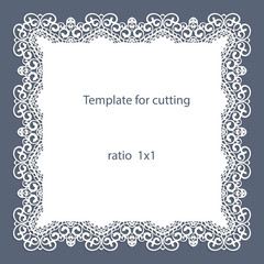 Greeting card with openwork border, paper doily under the cake, template for cutting, wedding invitation, decorative plate is laser cut, vector illustrations.