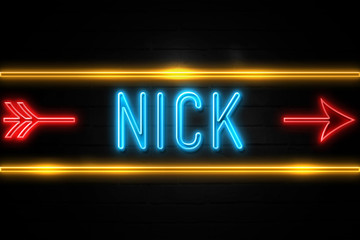 Nick  - fluorescent Neon Sign on brickwall Front view - obrazy, fototapety, plakaty