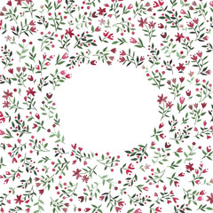 Frame with contour red and green flowers on white background. Template for your design, romantic greeting cards, festive announcements, posters.