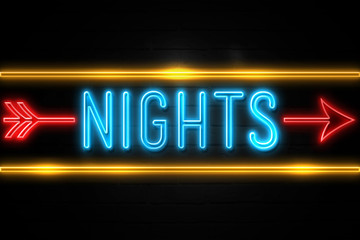 Obraz premium Nights - fluorescent Neon Sign on brickwall Front view