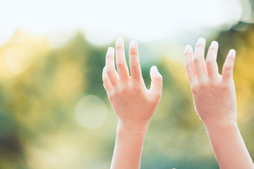 little child hands raised up on nature background