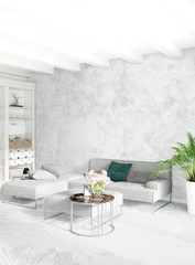 Modern loft interior bedroom or living room with eclectic wall with space. 3D rendering.