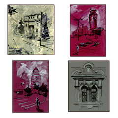 Set of four city landscapes. Dnipro city, Ukraine. Watercolor painting. Hand painted.