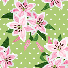 Pink lily on green background pattern