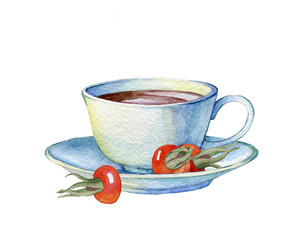 Hand drawn watercolor illustration of vintage porcelain teacup on a white background