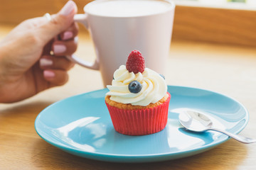 Cup with cappuccino and a cupcake on the plate