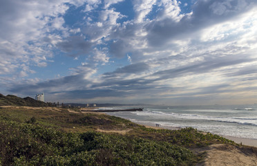 Fototapeta na wymiar Coastal Landscape Dune Vegetation Beach Sea Against Cloudy Sky