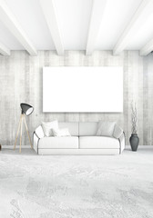 Fototapeta na wymiar Vertical modern interior bedroom or living room with eclectic wall and empty frame for copyspace drawing. 3D rendering