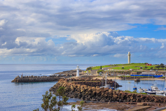 Lighthouse of Belmore Basin, Wollongong, Australia - Wollongong Harbor marina with lighthouse, NSW Australia