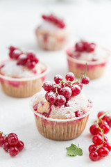 red currant muffins with fresh berries and powdered sugar