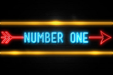 Number One  - fluorescent Neon Sign on brickwall Front view