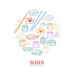 Doodle sushi restaurant and delivery design template. Asian food composition.