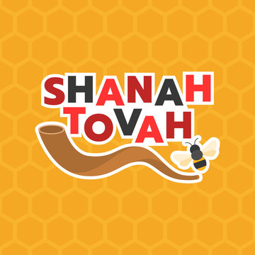 shanah tovah means a good year and shofar horn, bee
on hexagon background