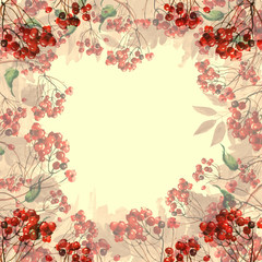     Watercolor Postcard, frame, invitation, label. Autumn watercolor greeting card. Of the leaves of birch, oak, aspen. yellow and red pattern of leaves, branches and berries, clusters of mountain ash