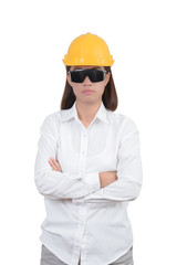 Architect or Engineer. woman Look smart portrait with crossed arms. Woman wearing protect helmet