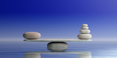 Zen stones scales on blue background. 3d illustration