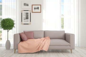 Idea of white minimalist room with sofa. Scandinavian interior design. 3D illustration