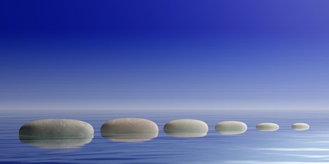 Zen stones on blue water background. 3d illustration