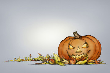 Kürbis mit grimmigem Gesichtsausdruck im Herbstlaub, breites Format 