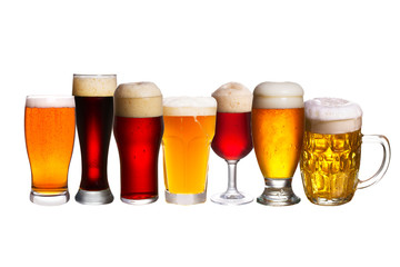 Set of various beer glasses. Different glasses of beer. Ale isolated on white background