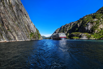 Cruise Ship On Trollfjord (Trollfjorden) in the Lofoten Islands, Norway.
