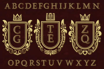 Vintage initial logos kit. Coat of arms frames, patterned letters, isolated alphabet.