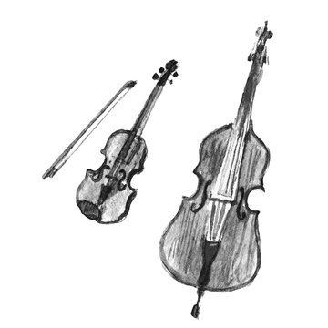 Vintage violin and violoncello. Black and white