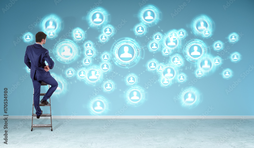 Poster Businessman using social network interface on a wall 3D rendering