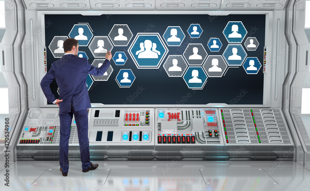 Poster Businessman using social network interface on a board 3D rendering