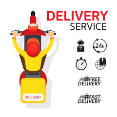 Delivery Boy Ride Scooter Motorcycle, Top or Above View with Service Icons 