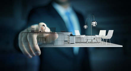 Businessman touching white 3D rendering apartment