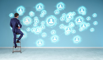 Businessman using social network interface on a wall 3D rendering
