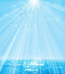 Obraz premium Vector blue sea and sun shine sky background.