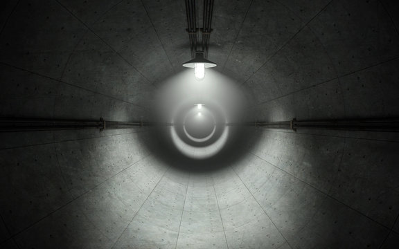 Old dark concrete tunnel with lamps. 3d rendering © rottenman